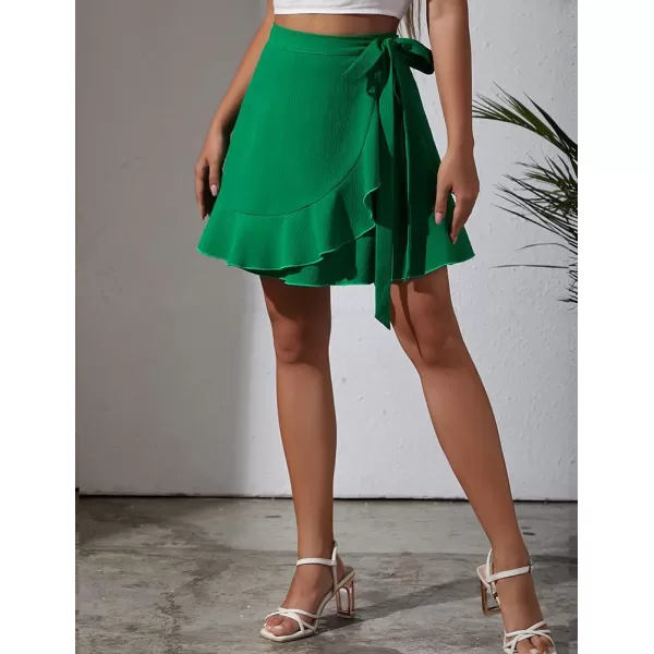 IDEALSANXUN Wrap Mini Skirt for Women High Waisted A Line Ruffle Tip Waisted Flowy Short Spring Summer SkirtGreen