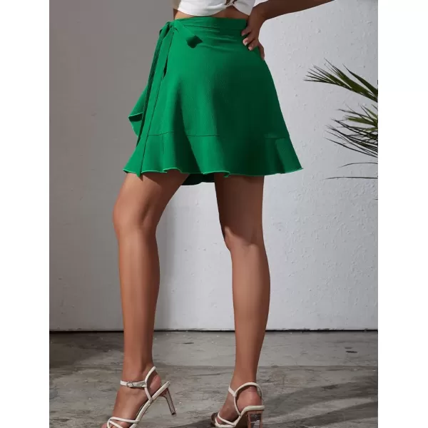 IDEALSANXUN Wrap Mini Skirt for Women High Waisted A Line Ruffle Tip Waisted Flowy Short Spring Summer SkirtGreen