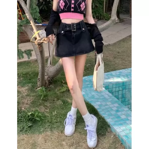 IDEALSANXUN Y2k Jean Mini Skirt for Women Denim High Waisted Bodycon Cute Vintage Cargo Skirt with BeltBlack