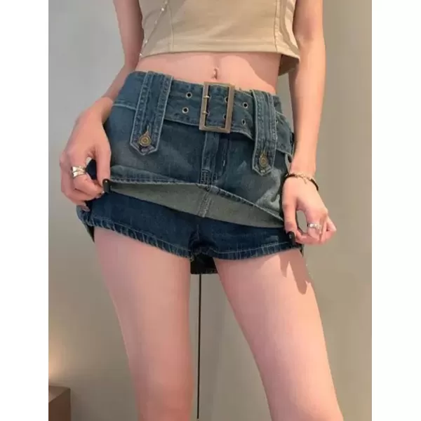 IDEALSANXUN Y2k Jean Mini Skirt for Women Denim High Waisted Bodycon Cute Vintage Cargo Skirt with BeltBlue