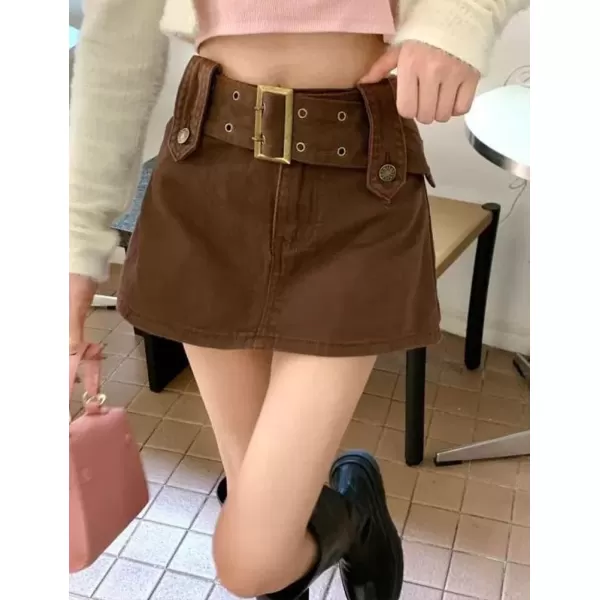 IDEALSANXUN Y2k Jean Mini Skirt for Women Denim High Waisted Bodycon Cute Vintage Cargo Skirt with BeltBrown