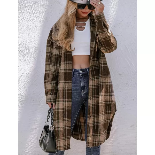 Long Button Down Shirt Jackets for Womens Casual Oversized Flannels Plaid Shacket CoatsCoffee