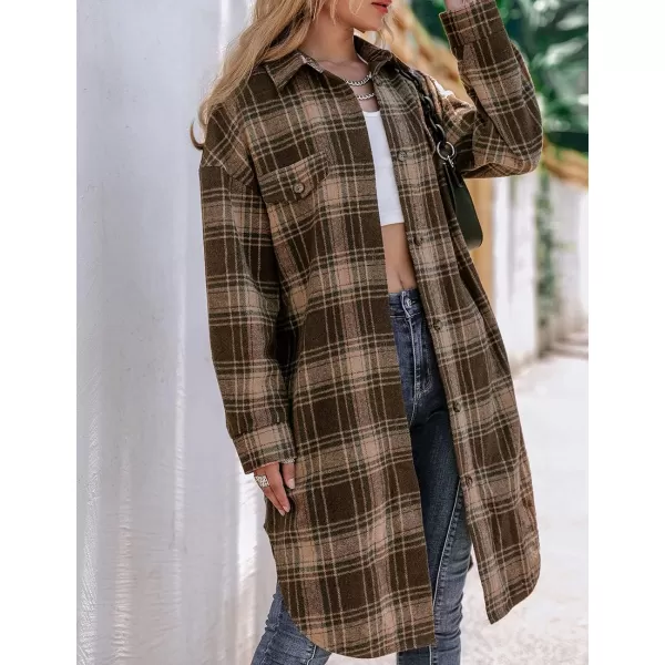 Long Button Down Shirt Jackets for Womens Casual Oversized Flannels Plaid Shacket CoatsCoffee