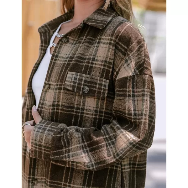 Long Button Down Shirt Jackets for Womens Casual Oversized Flannels Plaid Shacket CoatsCoffee