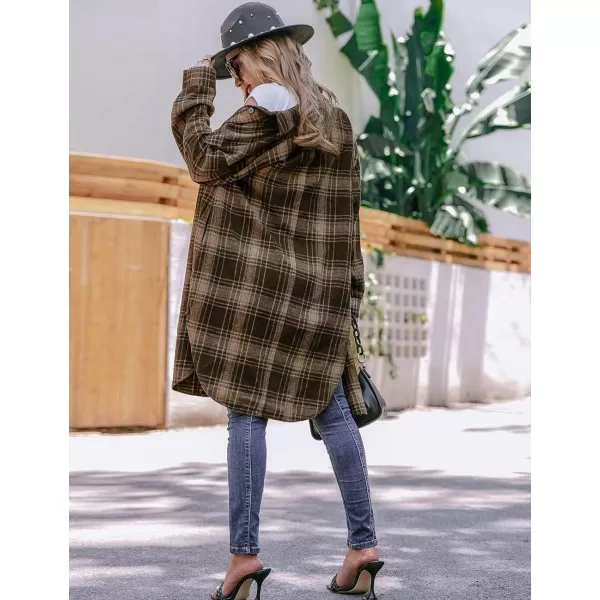 Long Button Down Shirt Jackets for Womens Casual Oversized Flannels Plaid Shacket CoatsCoffee