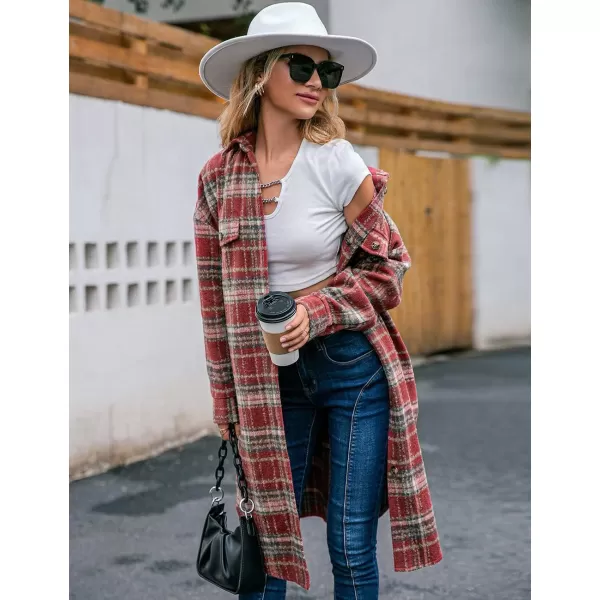 Long Button Down Shirt Jackets for Womens Casual Oversized Flannels Plaid Shacket CoatsRed