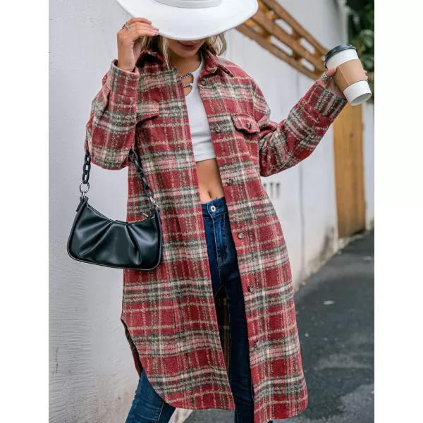 Long Button Down Shirt Jackets for Womens Casual Oversized Flannels Plaid Shacket CoatsRed