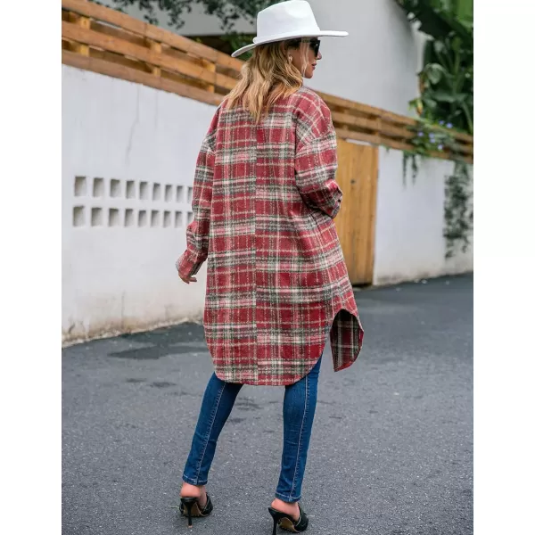 Long Button Down Shirt Jackets for Womens Casual Oversized Flannels Plaid Shacket CoatsRed