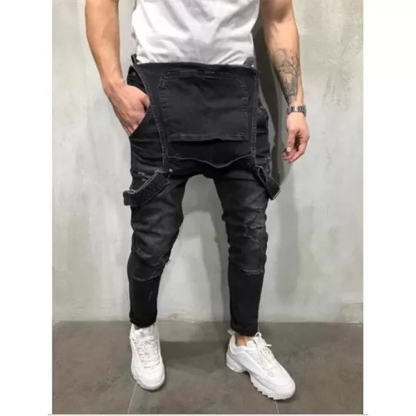 Mens Denim Bib Overalls Slim Fit Ripped Jean OverallsBlack