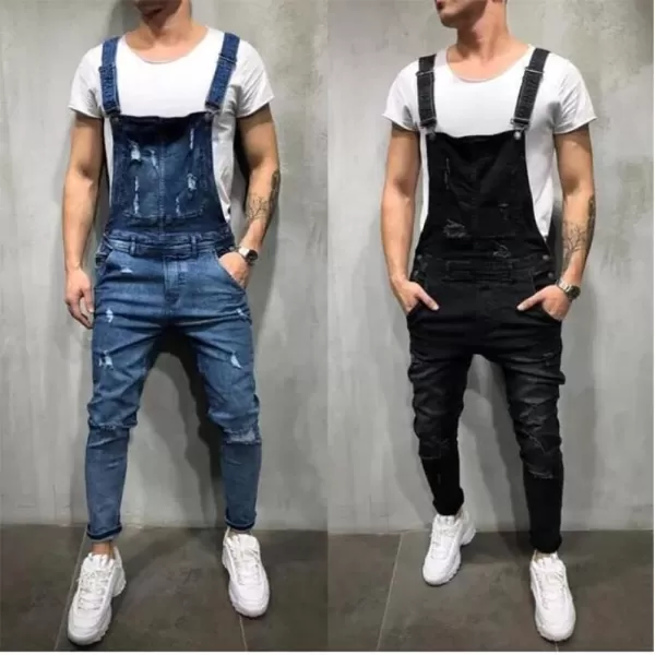 Mens Denim Bib Overalls Slim Fit Ripped Jean OverallsBlack