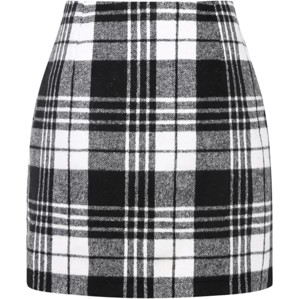 Plaid Mini Skirts for Womens High Waisted Fall Winter Wool Bodycon Pencil Skirts with SlitBlack