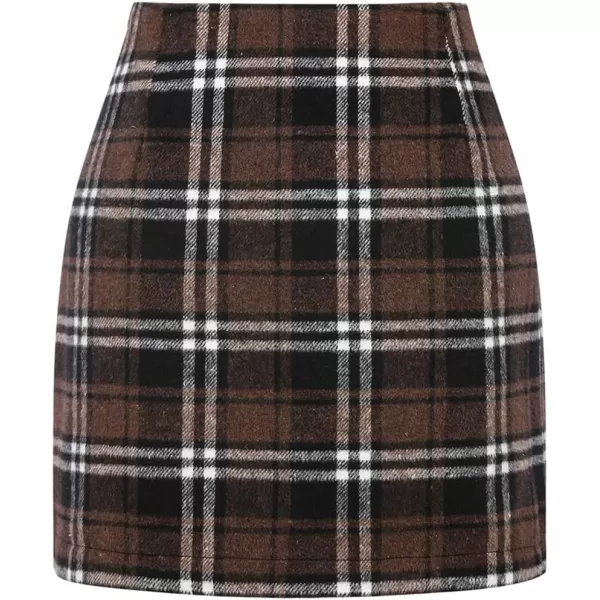 Plaid Mini Skirts for Womens High Waisted Fall Winter Wool Bodycon Pencil Skirts with SlitCoffee