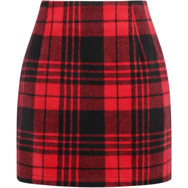 Plaid Mini Skirts for Womens High Waisted Fall Winter Wool Bodycon Pencil Skirts with SlitRed 02