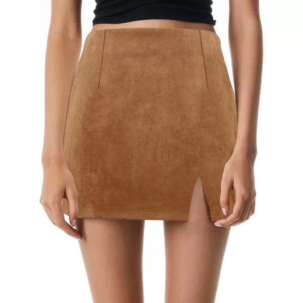 Plaid Mini Skirts for Womens High Waisted Fall Winter Wool Bodycon Pencil Skirts with SlitSuede Brown