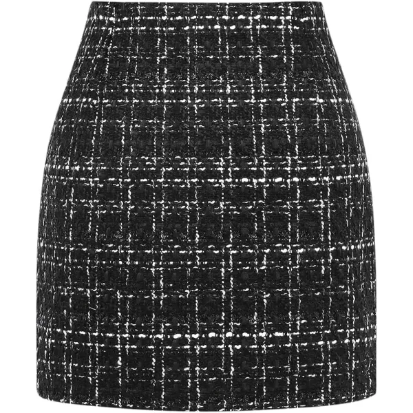 Plaid Mini Skirts for Womens High Waisted Fall Winter Wool Bodycon Pencil Skirts with SlitTweed Black