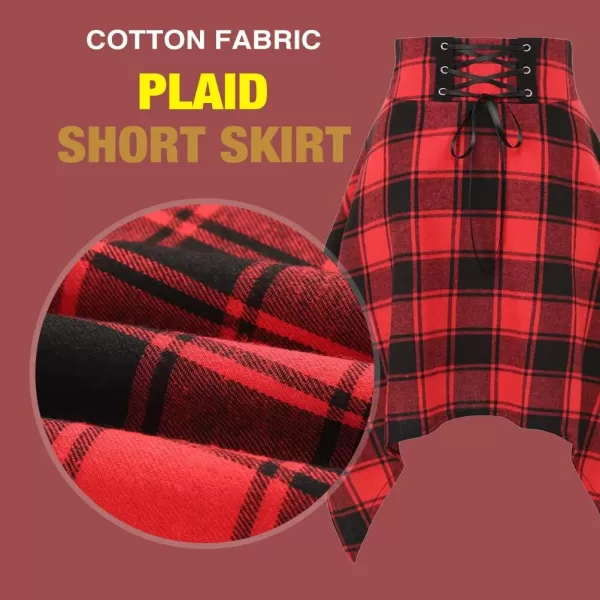Plaid Skirts for Womens Irregular Hem Lace Up Short Gothic Skirts Large Plaid RedPlaid Skirts for Womens Irregular Hem Lace Up Short Gothic Skirts Large Plaid Red