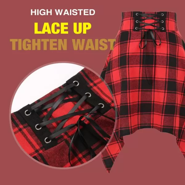 Plaid Skirts for Womens Irregular Hem Lace Up Short Gothic Skirts Large Plaid RedPlaid Skirts for Womens Irregular Hem Lace Up Short Gothic Skirts Large Plaid Red