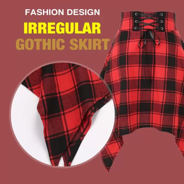 Plaid Skirts for Womens Irregular Hem Lace Up Short Gothic Skirts Large Plaid RedPlaid Skirts for Womens Irregular Hem Lace Up Short Gothic Skirts Large Plaid Red