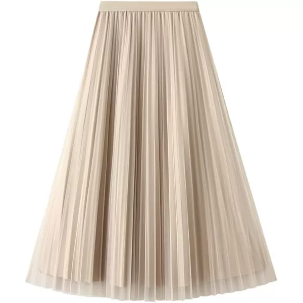 Womens Layered Mesh Tulle Pleated Skirt Fall Winter High Waisted ALine Reversible Long SkirtApricot