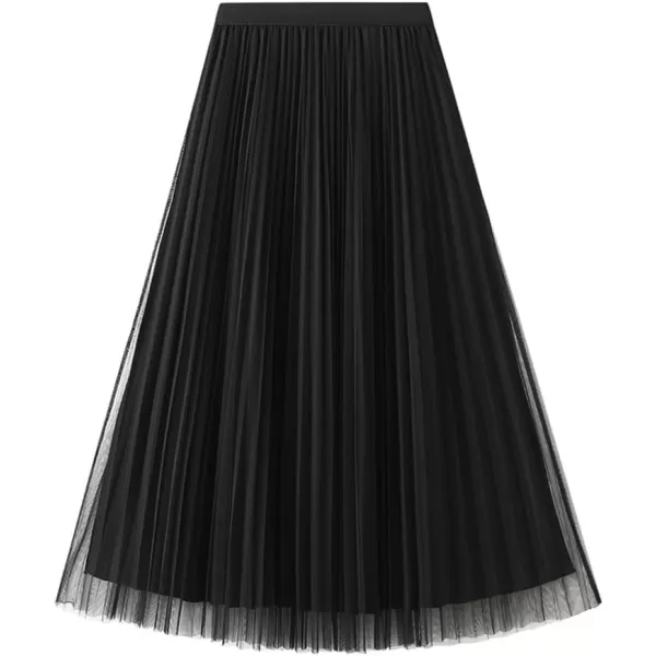 Womens Layered Mesh Tulle Pleated Skirt Fall Winter High Waisted ALine Reversible Long SkirtBlack