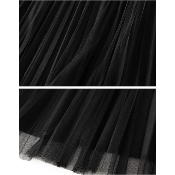 Womens Layered Mesh Tulle Pleated Skirt Fall Winter High Waisted ALine Reversible Long SkirtBlack