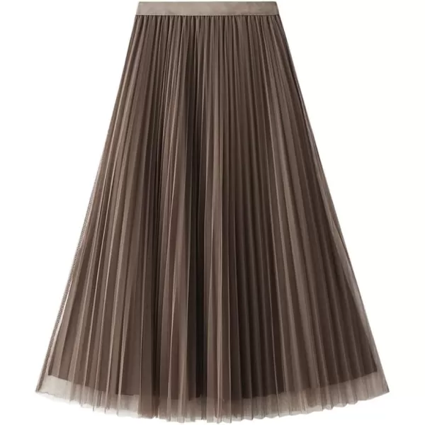 Womens Layered Mesh Tulle Pleated Skirt Fall Winter High Waisted ALine Reversible Long SkirtCoffee