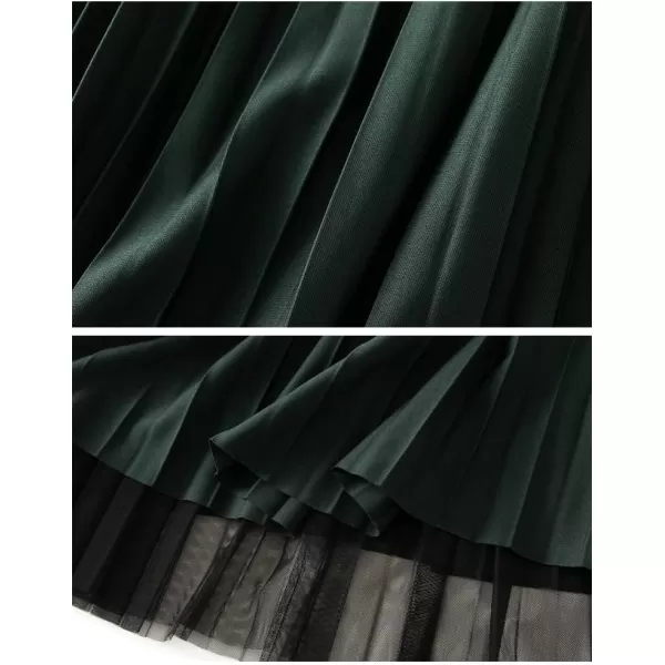 Womens Layered Mesh Tulle Pleated Skirt Fall Winter High Waisted ALine Reversible Long SkirtDark Green