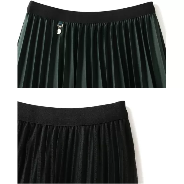 Womens Layered Mesh Tulle Pleated Skirt Fall Winter High Waisted ALine Reversible Long SkirtDark Green