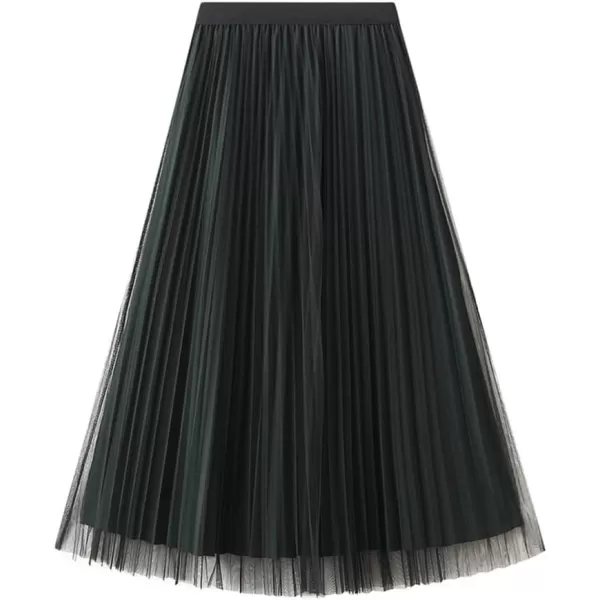 Womens Layered Mesh Tulle Pleated Skirt Fall Winter High Waisted ALine Reversible Long SkirtDark Green