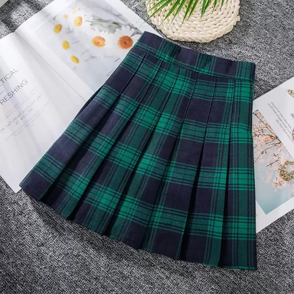 Womens Plaid Pleated Skirts High Waist Mini Plaid SkirtPlaid Green
