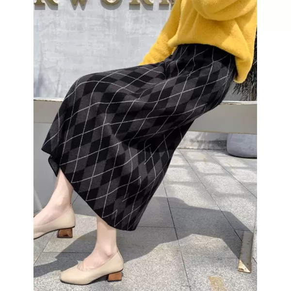 Womens Sweater Knit Plaid Skirt Fall Winter High Waisted ALine Midi SkirtDark Grey