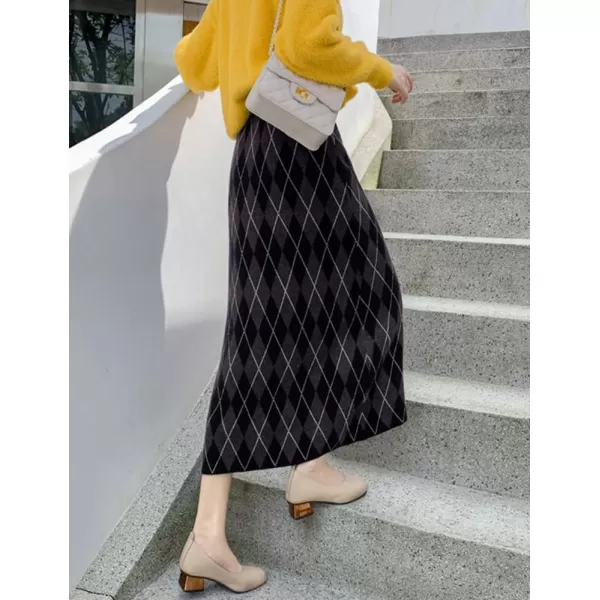 Womens Sweater Knit Plaid Skirt Fall Winter High Waisted ALine Midi SkirtDark Grey