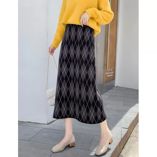 Womens Sweater Knit Plaid Skirt Fall Winter High Waisted ALine Midi SkirtDark Grey