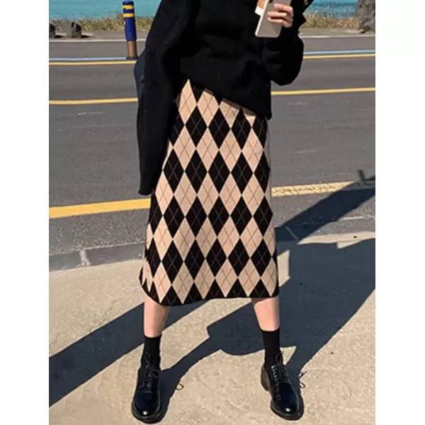 Womens Sweater Knit Plaid Skirt Fall Winter High Waisted ALine Midi SkirtKhaki