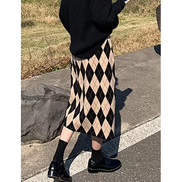 Womens Sweater Knit Plaid Skirt Fall Winter High Waisted ALine Midi SkirtKhaki