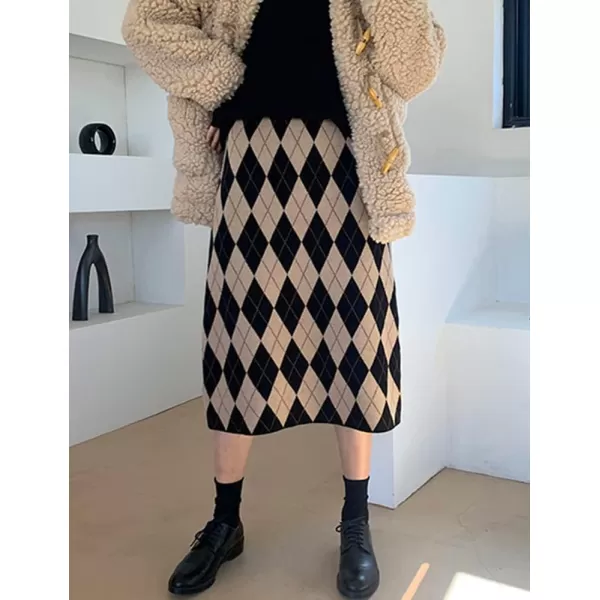 Womens Sweater Knit Plaid Skirt Fall Winter High Waisted ALine Midi SkirtKhaki