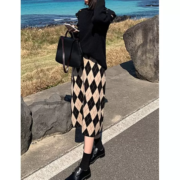 Womens Sweater Knit Plaid Skirt Fall Winter High Waisted ALine Midi SkirtKhaki