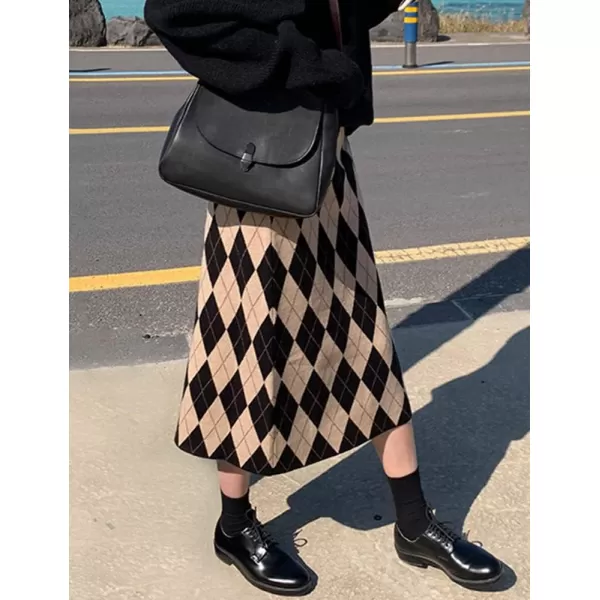 Womens Sweater Knit Plaid Skirt Fall Winter High Waisted ALine Midi SkirtKhaki