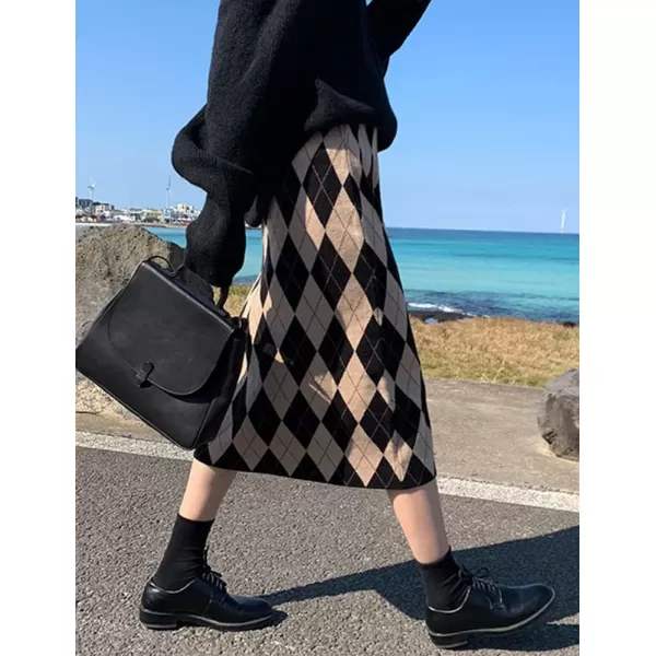 Womens Sweater Knit Plaid Skirt Fall Winter High Waisted ALine Midi SkirtKhaki