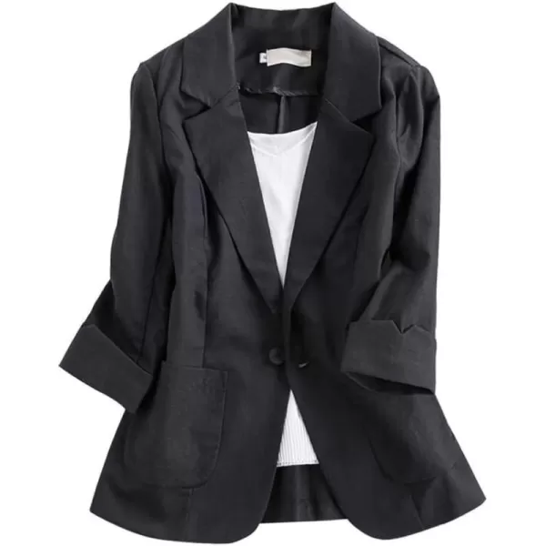 Cotton Linen Blazer for Womens Casual 34 Sleeve Open Front Linen JacketsBlack