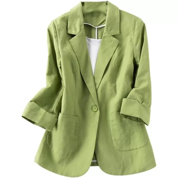 Cotton Linen Blazer for Womens Casual 34 Sleeve Open Front Linen JacketsGreen