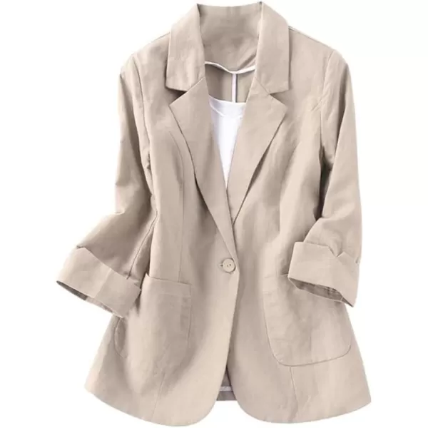 Cotton Linen Blazer for Womens Casual 34 Sleeve Open Front Linen JacketsKhaki