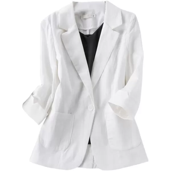 Cotton Linen Blazer for Womens Casual 34 Sleeve Open Front Linen JacketsWhite