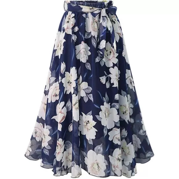 Floral Midi Skirts for Womens High Waist Aline Chiffon Boho Swing Beach SkirtBlue