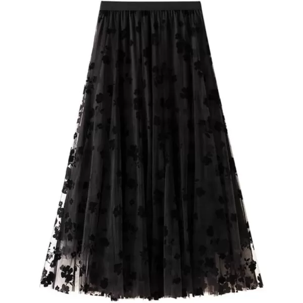 Floral Tulle Skirts for Womens Fall Winter High Waisted ALine Layered Mesh Midi SkirtBlack