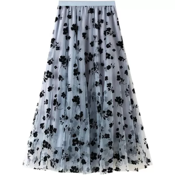 Floral Tulle Skirts for Womens Fall Winter High Waisted ALine Layered Mesh Midi SkirtBlue