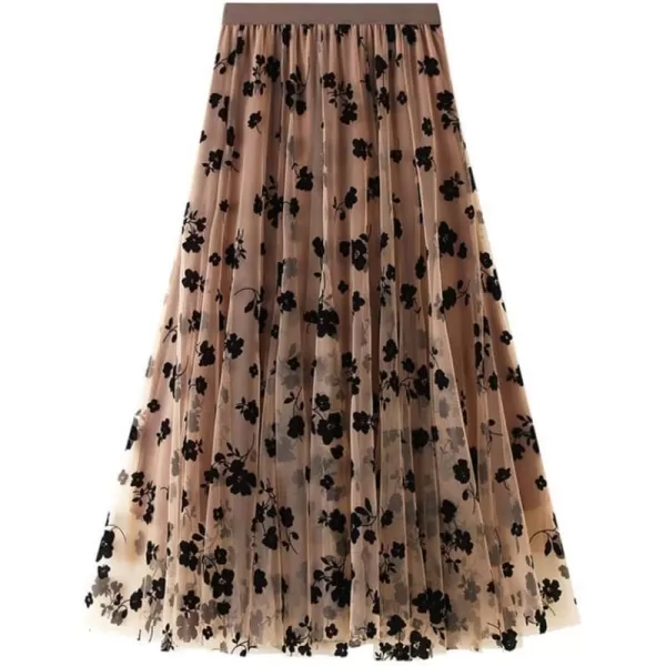 Floral Tulle Skirts for Womens Fall Winter High Waisted ALine Layered Mesh Midi SkirtKhaki