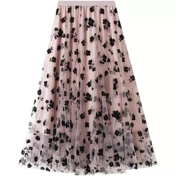 Floral Tulle Skirts for Womens Fall Winter High Waisted ALine Layered Mesh Midi SkirtPink