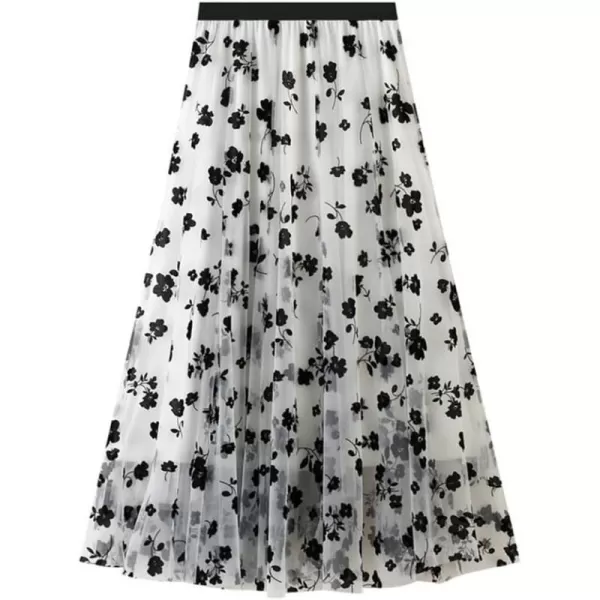 Floral Tulle Skirts for Womens Fall Winter High Waisted ALine Layered Mesh Midi SkirtWhite