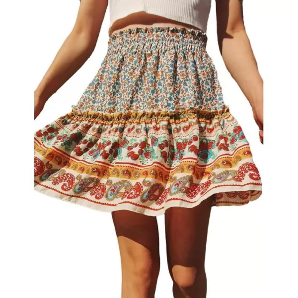 IDEALSANXUN Boho Mini Skirt for Women Beach Flower Print High Waisted A Line Flowy Spring Summer SkirtBeige